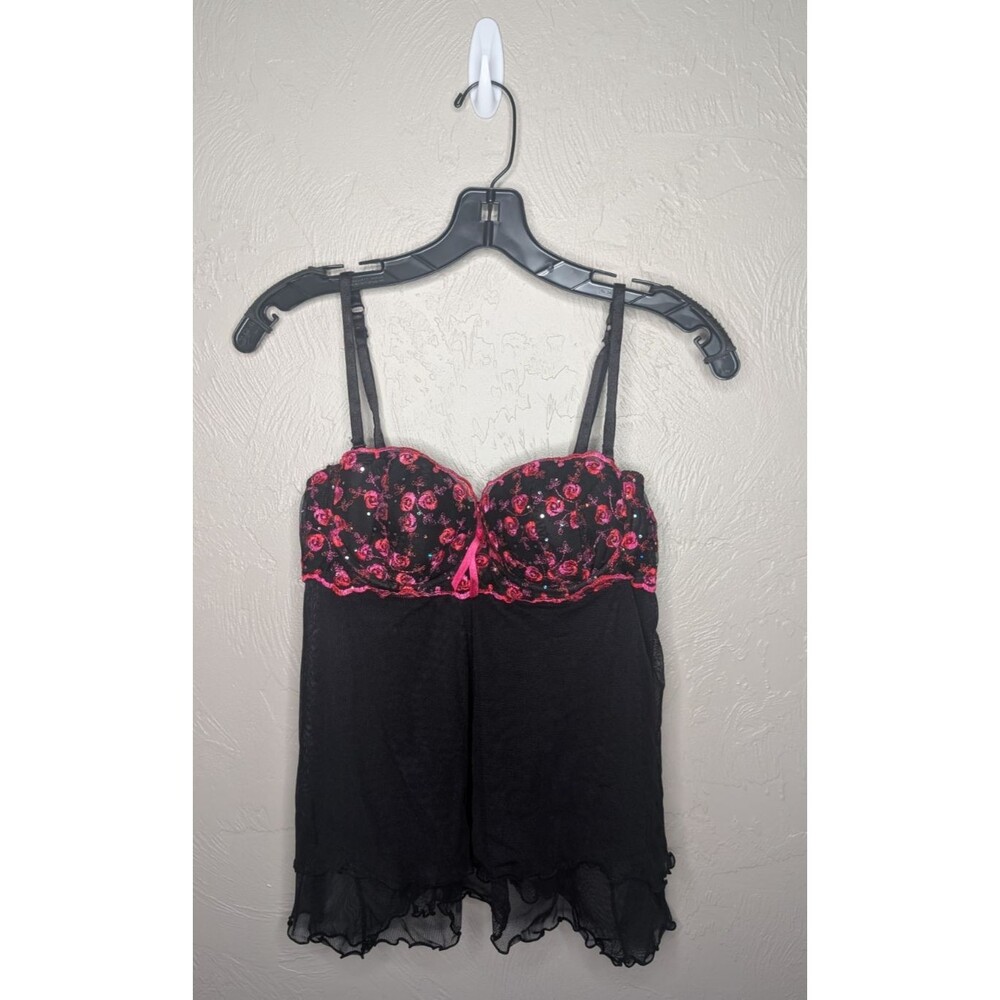 Victorias Secret Womens 34C Black Red Rose Gem Sheer Sexy Little Things Teddie